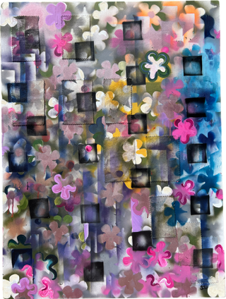 Art piece titled, "Enchanted," created with textile waste, acrylic paint, and spray paint. The painting features square and flower shapes in blue, purple, pink, yellow, and black.