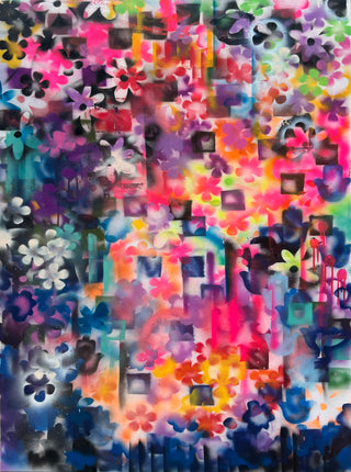 An abstract painting created by New York artist, Sara Joy. The painting features square and rectangular shapes along with floral patters in a variety of colors ranging from pink to green, to blue, to yellow, to purple, to black.