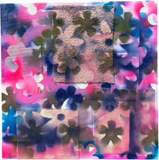 Art piece created by Sara Joy. Flower Fields is created with textured textile waste and painted with spray paint and acrylic paint. Painting features a floral pattern in blues, pinks, and greens.