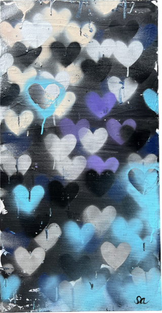 Painting titled, "Graffiti Love," created with acrylic and spray paint. A black background featuring white, purple, blue, and black spray painted hearts.