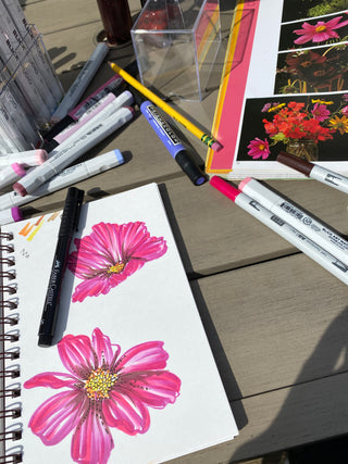 Sara Joy's creative process shown with drawn flowers.