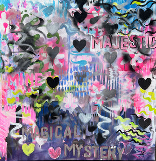 Custom Abstract Art Painting titled, Majestic, by artist Sara Joy. Painting with pinks, blues, purples. Painting comprised of swirls, hearts, abstract patterns, and words such as Majestic, Magical, and Mystery.