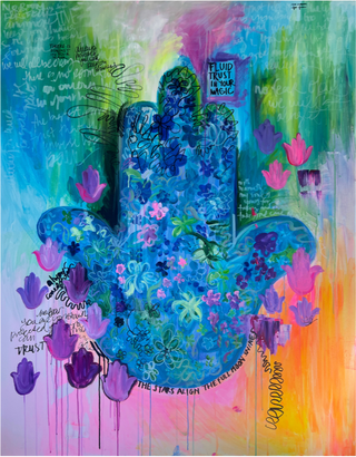 Colorful painting of a Hamsa hand with blue floral patterns, surrounded by small pink and purple Hamsa hands. A vibrant green, blue, pink, and orange background. Titled, "No Fear."