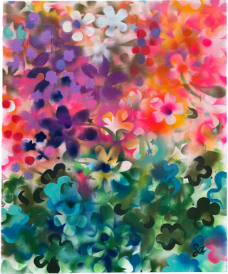 A painting comprised of many floral patterns with colors fading from purple, to orange, to pink, to green, to blue like a sunset.