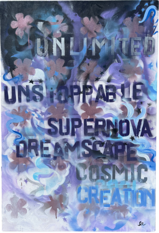 An abstract painting with swirls of black, purple, blue, and white. Words such as Unlimited, Unstoppable, Supernova, Dreamscape, Cosmic, and Creation spray painted on top.