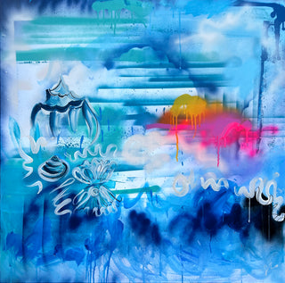 Sunset Healing – an abstract painting blending deep blues and turquoise with soft cloud-like textures. A striking sunset in hues of pink, orange, and yellow drips.