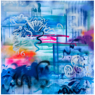 A serene abstract painting with flowing turquoise, blue, and white tones, accented by vibrant pops of pink, orange, and deep indigo. Titled Turquoise Healing.